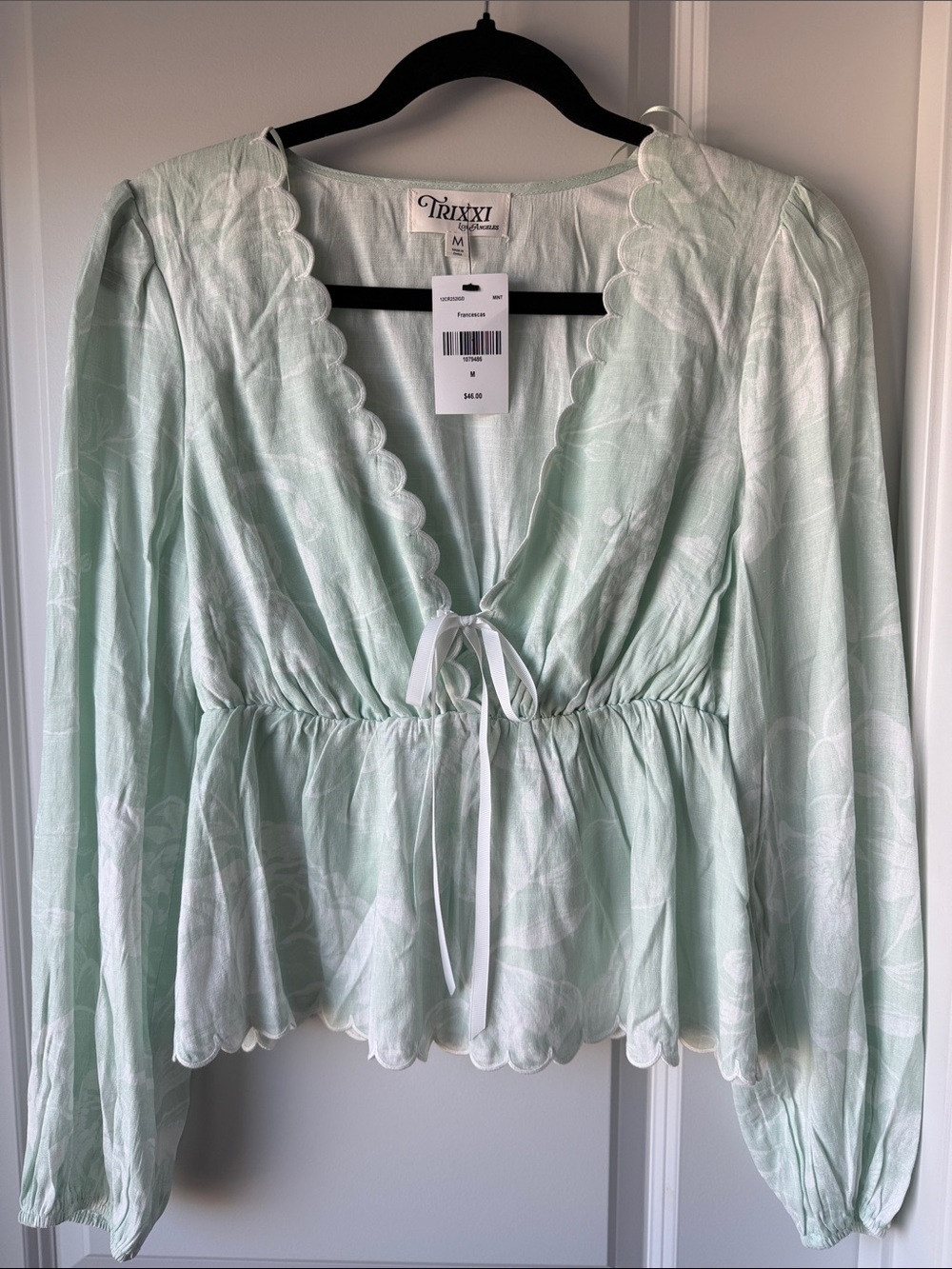 Trixxi Light Mint Scalloped Tie-Front Blouse